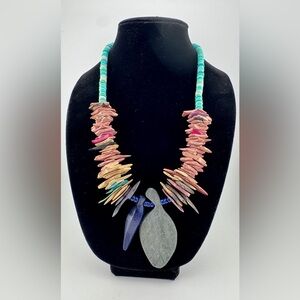Vintage Colorful Wood Bead Necklace with Leaf Pendant